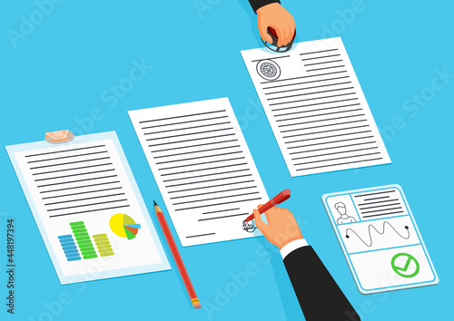 Notary service advertisement. Execution of documents seal and signature on papers. Sign agreement accepted by public notary. Document collcection. Colorful vector illustration in flat style