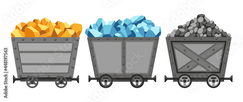 Collection of metal mine carts loaded with gold, crystals and stones or coal. Cartoon mine trolleys. Vector design illustration isolated on white background