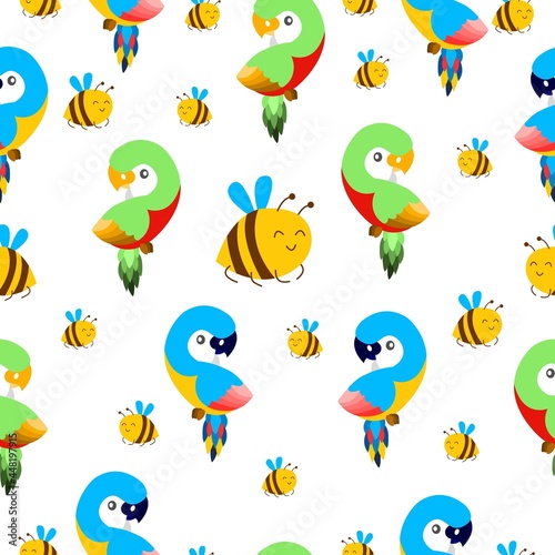 Seamless pattern with ara parrots and flying bees. Blue, yellow, green, pink, red. White background. Cartoon style. Cute and funny. For kids post cards, stationery, wallpaper, textile, wrapping paper