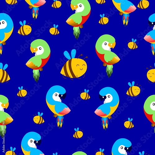 Seamless pattern with ara parrots and flying bees. Blue, yellow, green, pink, red. Blue background. Cartoon style. Cute and funny. For kids post cards, stationery, wallpaper, textile, wrapping paper