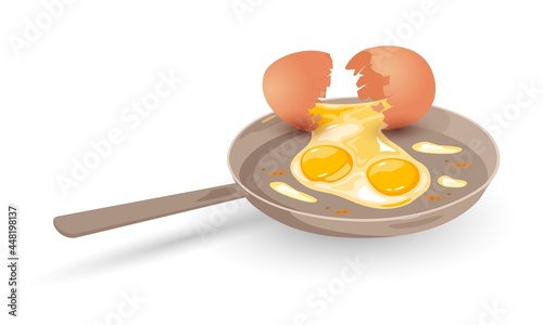 Hot pan with oil and broken eggshell, double yolk. Vector preparing breakfast, cooking protein lunch, farm hen egg, healthy food design. Isolated on white background