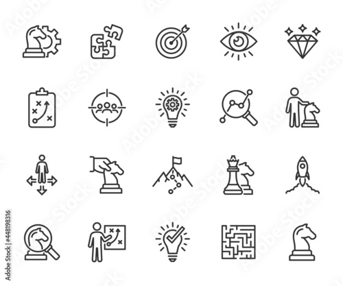 Vector set of business strategy line icons. Contains icons tactic, plan, target audience, research, problem, path, direction and more. Pixel perfect. photo