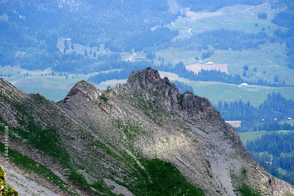 Naklejka premium Panoramic view of Swiss alps at Bernese Highland on a beautiful sunny summer day seen from Brienzer Rothorn. Photo taken July 21st, Flühli, Switzerland.
