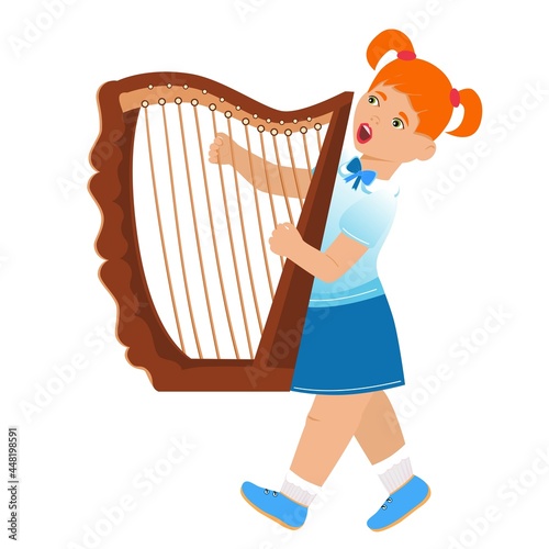 Harp. The character plays the harp. Vector. Cartoon style. Learning to play a musical instrument. School and education concept.
