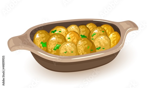 Tasty fingerling potatoes baked with dill in sheet pan. Vector ukrainian national dish, nutritious dinner, homemade cooking design. Isolated on white background