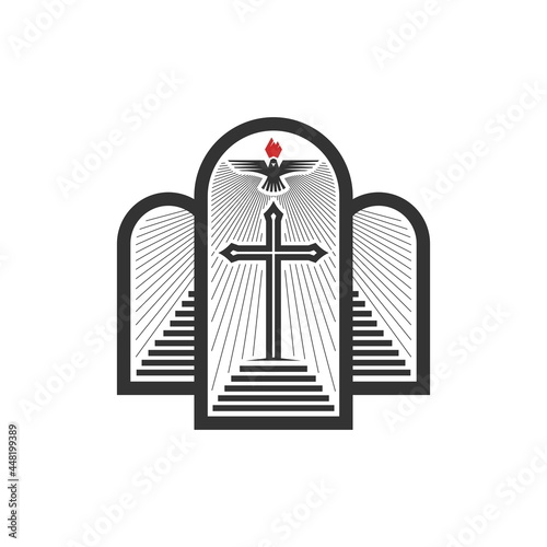 Christian illustration. Church logo. Steps leading to the cross and the kingdom of God. The dove is a symbol of peace, holiness and the Spirit.