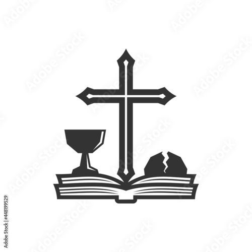Christian illustration. Church logo. The cross of Jesus Christ, the holy bowl and bread, is based on the Bible.