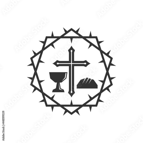 Christian illustration. Church logo. The cross of Jesus Christ, the chalice of the sacrament and the bread, framed with a crown of thorns.