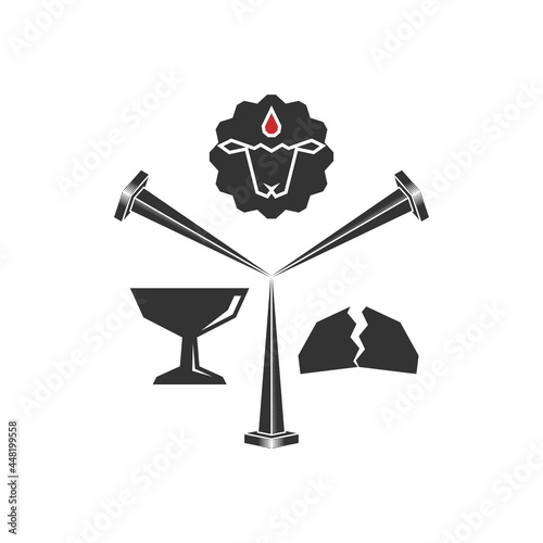 Christian illustration. Church logo. Lamb of God who shed blood for the sins of people. Crucifixion nails and symbols of the sacrament.