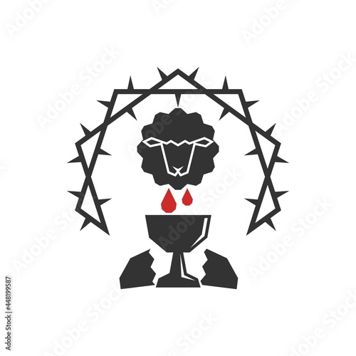 Christian illustration. Church logo. Lamb of God who shed blood for the sins of people. The symbols of the sacrament and the crown of thorns.