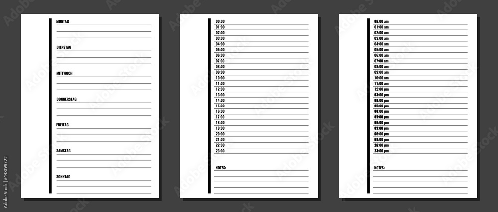 week and day planner layouts set, week days and month names in german language week and day planner layouts set, week days and month names in german language