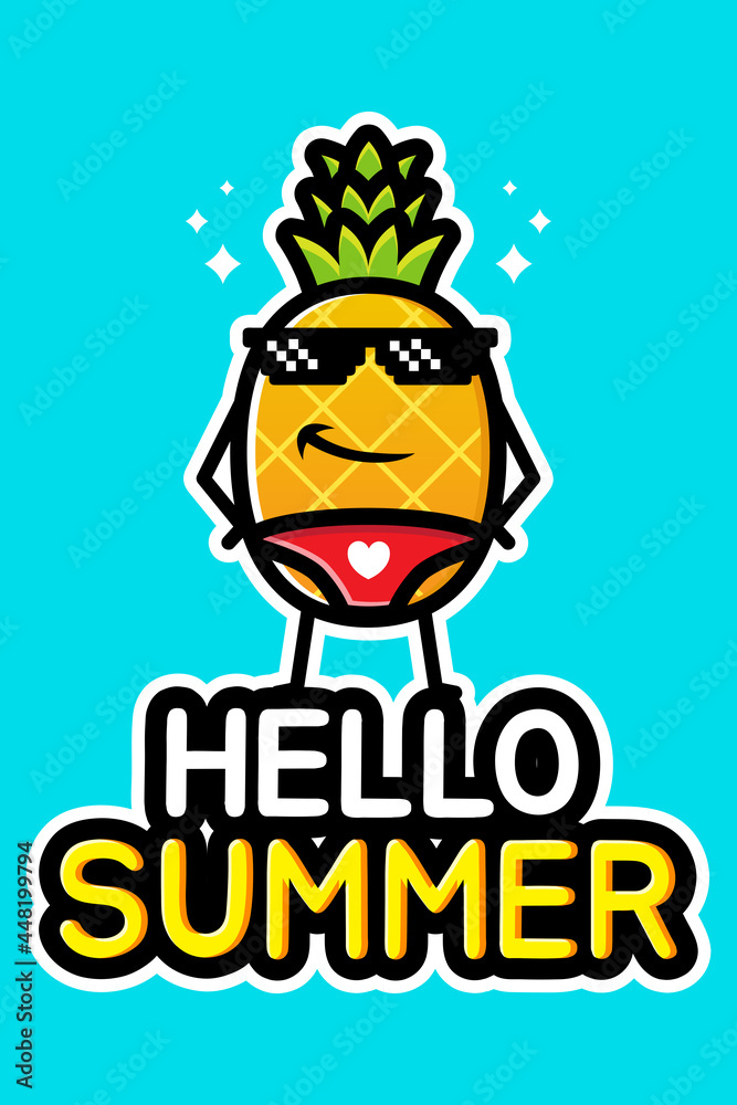 Cool and cute cartoon pineapple fruit vector design on hello summer greeting card