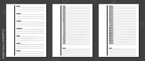 week and day planner layouts set, week days and month names in german language