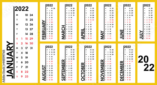 2022 vertical narrow monthly full year calendar layout, printable vector template, monday first, two weekends