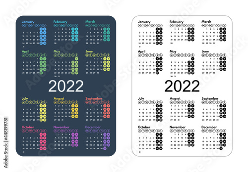 2022 colorful and monochrome months full year calendar grid, pocket size layout