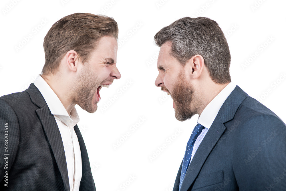 two businessmen shouting in business conflict, confrontation two businessmen shouting in business conflict, confrontation