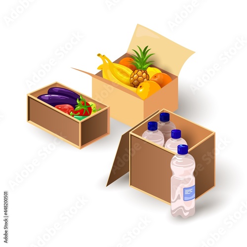 Cartoon of food pack for restaurant, cafe, products for public events and home orders. Vector cardboard boxes with fruits, veggies and water. Cuisine and eating idea isolated on white