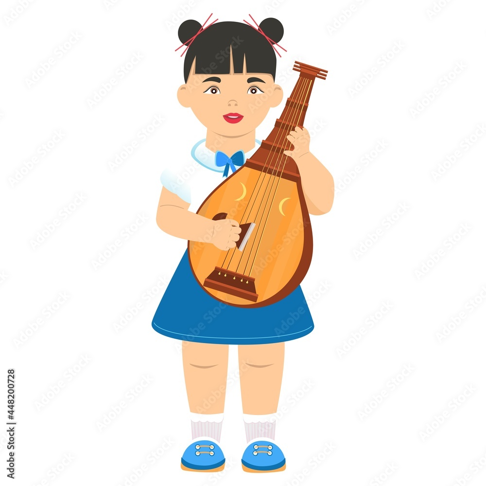 Biwa. The character plays the biwa. Vector. Cartoon style. Learning to play a musical instrument. School and education concept. Biwa. The character plays the biwa. Vector. Cartoon style. Learning to play a musical instrument. School and education concept.