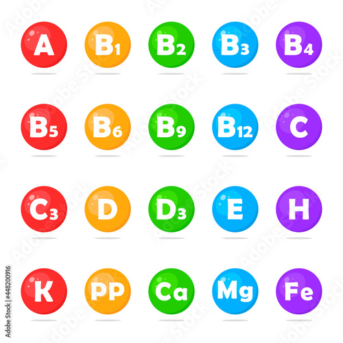 A set of vitamins or minerals. Essential nutrients for health. Vector illustration