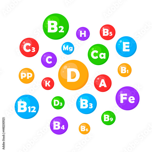 A set of vitamins or minerals. Essential nutrients for health. Vector illustration