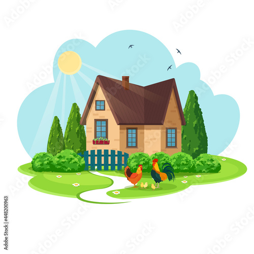 Cozy country house with front garden, trees and lawn. Rooster, hen and small chickens in the foreground in front of the house. Rural summer landscape. Vector illustration