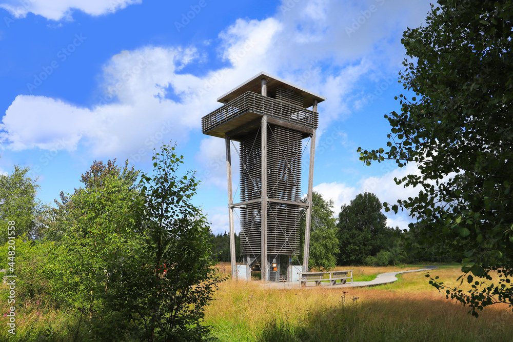 Observation tower in black moor (Schwarzes Moor) in Röhn mountains, Germany
