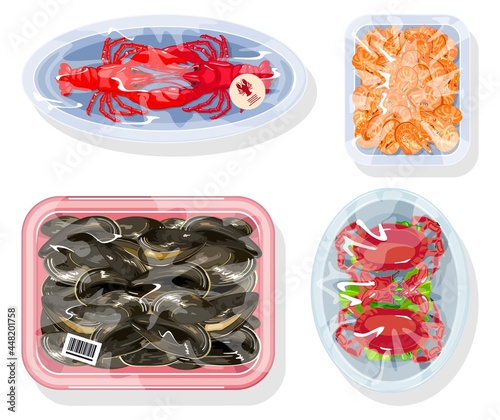 Cartoon collection of red crab, lobster, shrimps and oyster. Vector seafood export, restaurant and cafe delivery, raw products in trays. Idea of organic vegetarian food, dietary isolated on white