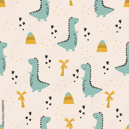 Cute dinosaur pattern - hand drawn childish dinosaur seamless pattern design
