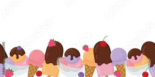 Vector chocolate and berries ice cream seamless border. Cartoon colorful illustration isolated on white background