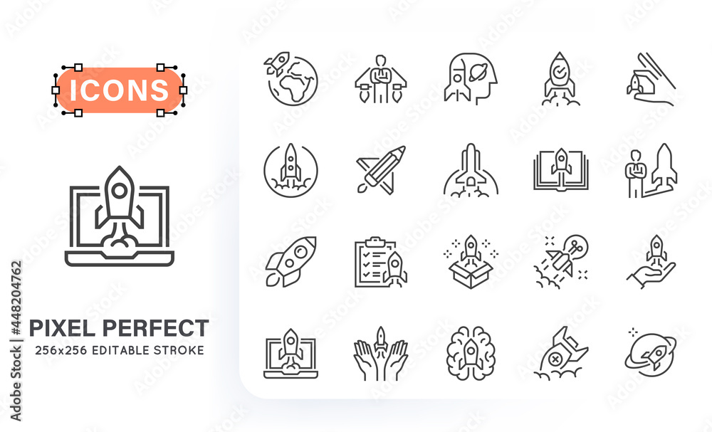 Fototapeta premium Line creative icons of rocket with various symbols. Set contains such icons as rocket launch, startup, businessman, goal and more. 256x256 pixel perfect. Editable stroke.