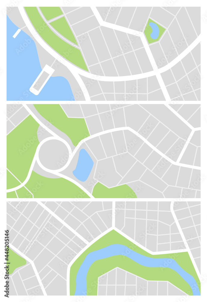 City map set. Town streets with green line park and river. Downtown gps navigation plans, abstract transportation urban in vector. Drawing town small road maps. Urban patterns texture