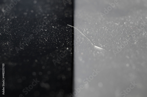 Close-up of dust and dirt on a black and gray surface. Macro photography, selective focus.