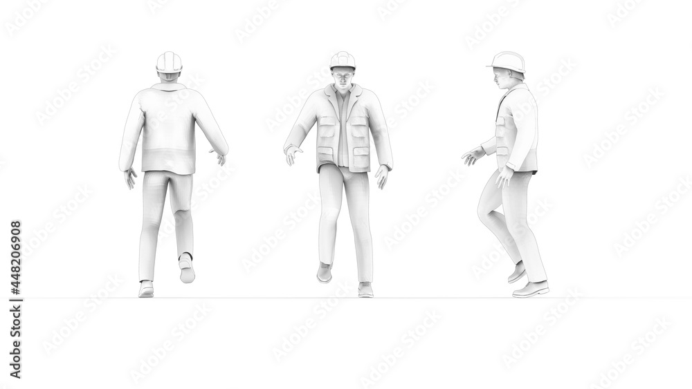 3D rendering of a hard hat worker with protective clothes uniform from front side and back isolated on white. 3D rendering of a hard hat worker with protective clothes uniform from front side and back isolated on white.