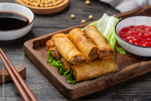 Delicious fried spring rolls and sweet chili sauce