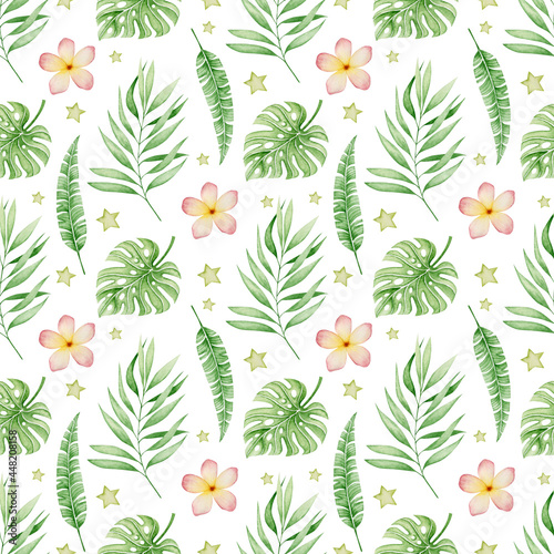 Watercolor seamless pattern tropical leaves on a white background.