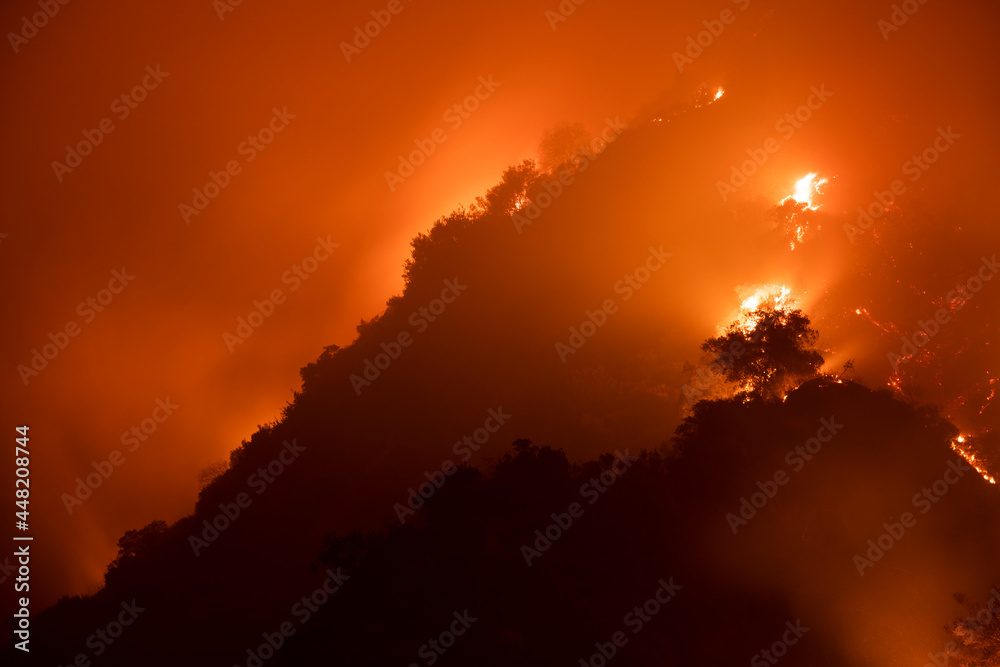 A nighttime wildfire tears through the hills of California.
