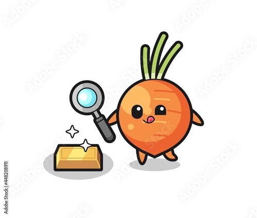 carrot character is checking the authenticity of the gold bullion