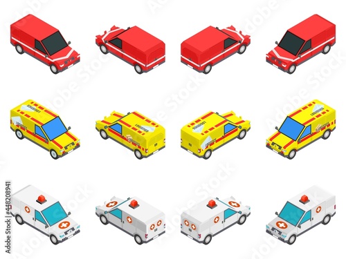 set of cars of multicolored tech service isometric