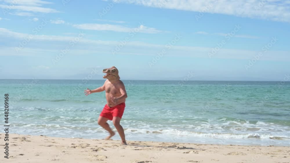 Man with lost lizard mask on shore of beach during sunny day Man with lost lizard mask on shore of beach during sunny day