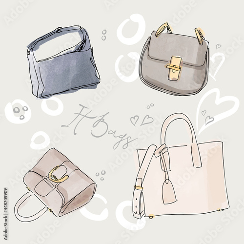 Set of Colorful fashion women's handbags. Vintage style. Hand drawn doodle fashion accessories. Fashion illustration