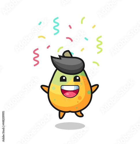 happy papaya mascot jumping for congratulation with colour confetti