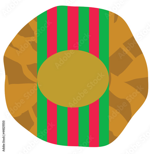 Gold foil style wrapped chocolate candy with striped green and red wrapper and oval label. Layered confectionery SVG