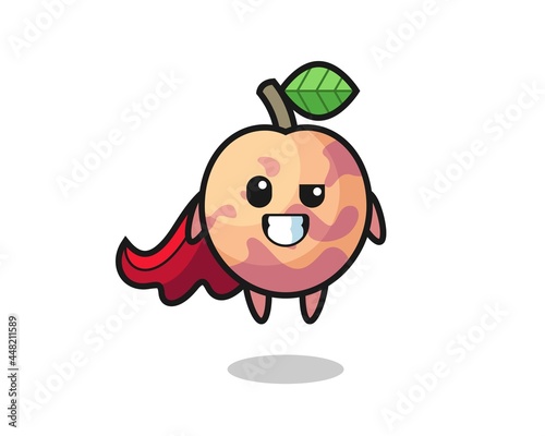 the cute pluot fruit character as a flying superhero