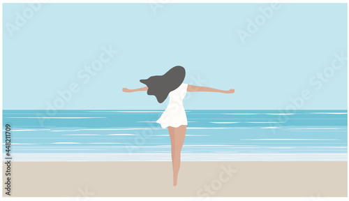 Happy woman standing on beach in summer time vector illustration