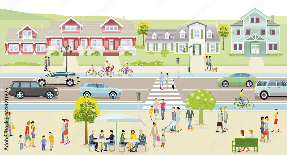 Stadt mit Häusern und Verkehr, Fußgänger auf dem Bürgersteig – Illustration	