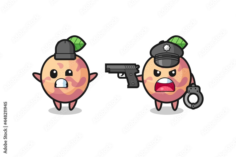 Obraz premium illustration of pluot fruit robber with hands up pose caught by police