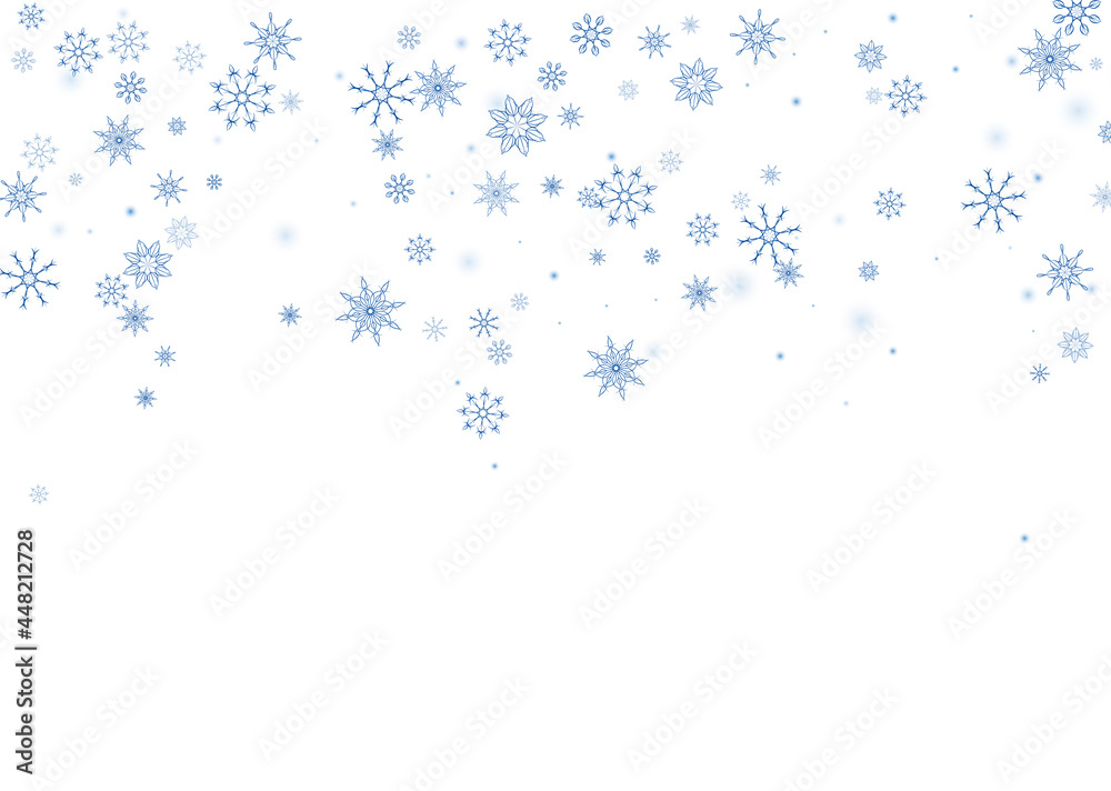Blue delicate openwork snowflakes scatter on a white background. Festive background, postcard design, wallpaper Blue delicate openwork snowflakes scatter on a white background. Festive background, postcard design, wallpaper