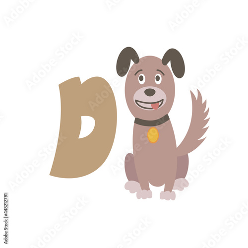 Dog animal alphabet symbol. English letter D isolated on white background. Funny hand drawn style character. Learn kids to read with cute toy illustration
