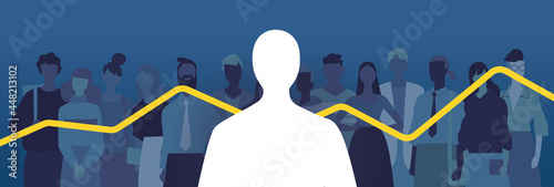 Silhouette di una persona anonima davanti a un gruppo di persone e una curva di grafico