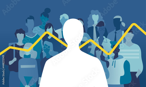 Silhouette di una persona anonima davanti a un gruppo di persone e una curva di grafico